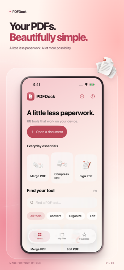 PDFDock on iPhone showing its workspace, document import and PDF tools