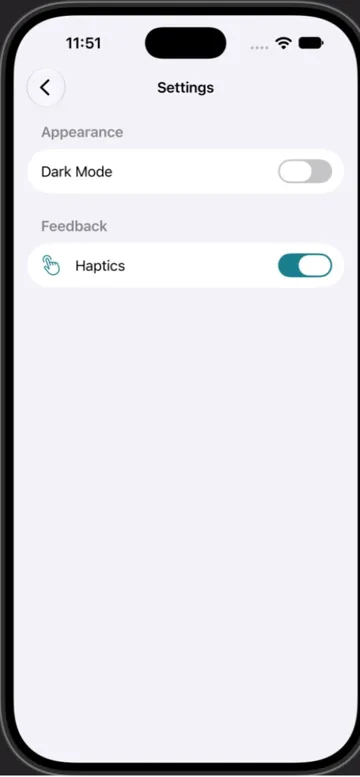 Settings with dark mode toggle