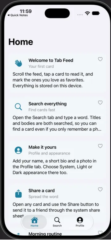Home feed of cards