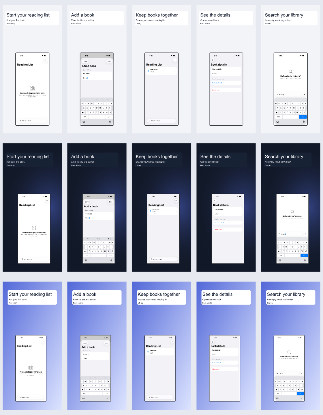 Five Reading List screens in three English screenshot layouts