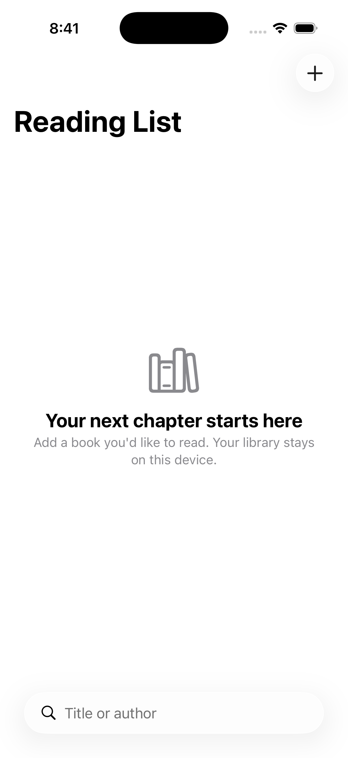 Reading List running in the simulator, showing its empty library and search field