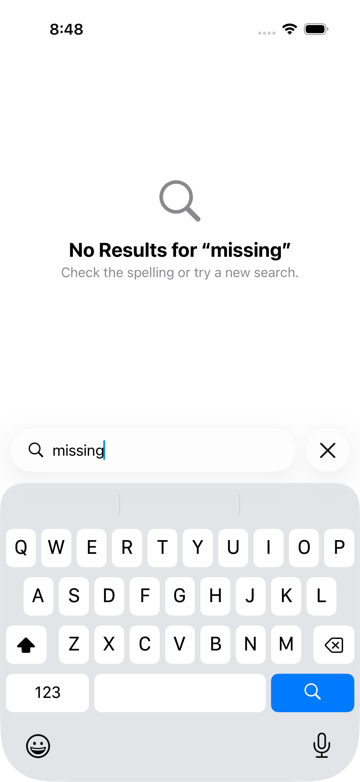 Reading List simulator capture: search empty state